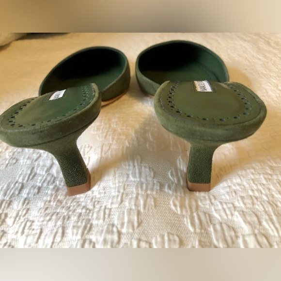 MANOLO BLAHNIK Moiramu 50 Suede Mules Shoes Army Green US 8 - EU 38 NEW - Picture 10 of 13